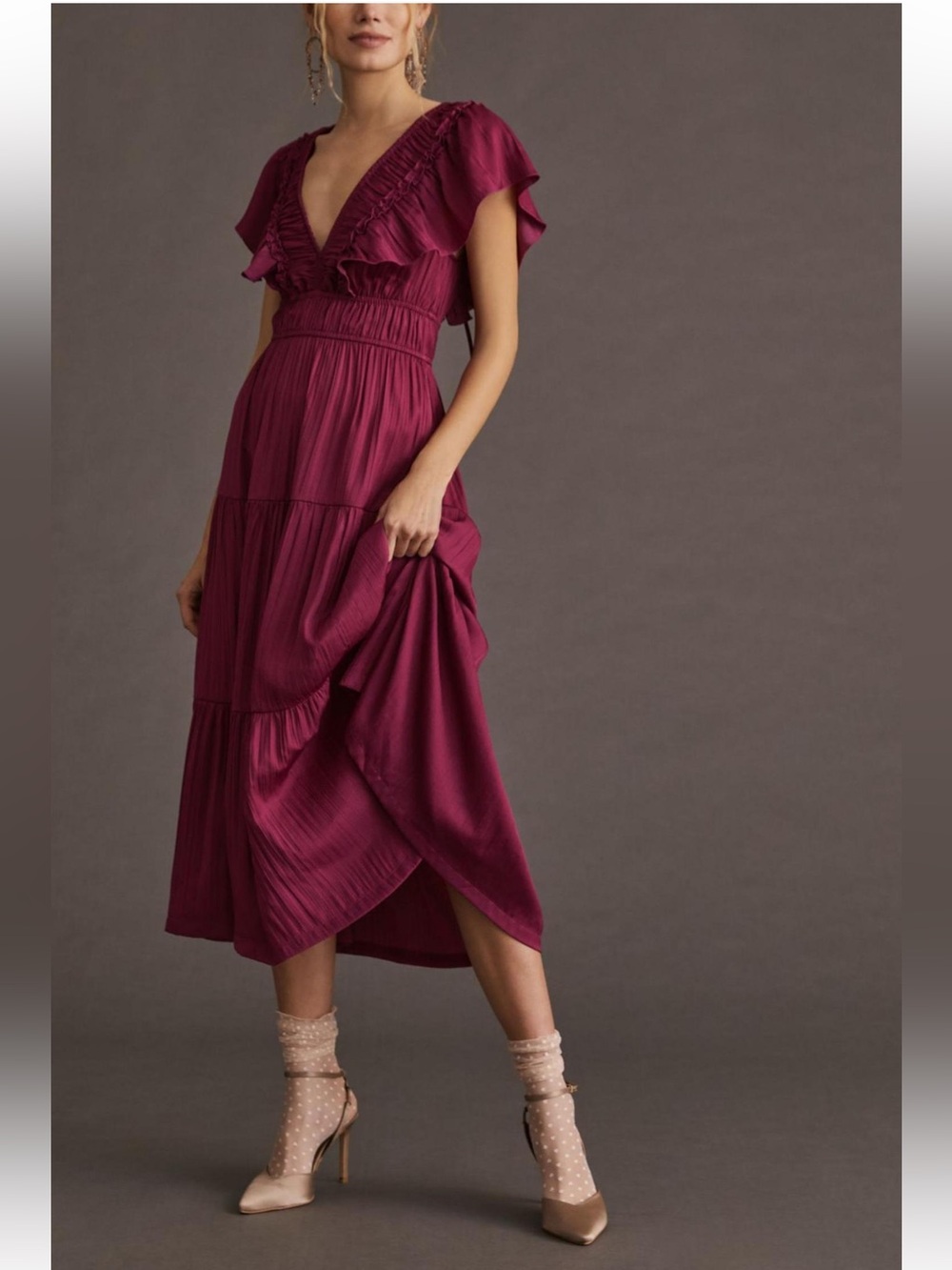 Anthropologie Women’s Large Raspberry Purple Ruffled Tiered Midi Dress
